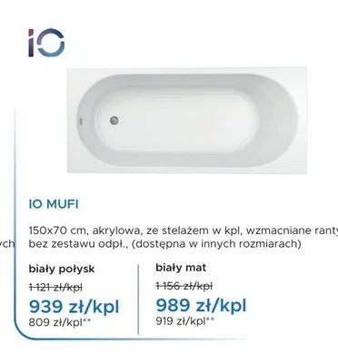 Wanna akrylowa IO Mufi biały połysk promocja w Blu Salony Łazienek