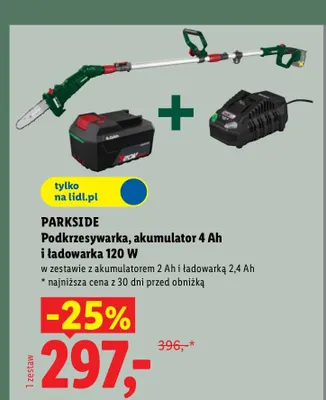 Podkrzesywarka akumulatorowa Parkside 20V w zestawie z akumulatorem 4Ah i ładowarką 120W promocja w Lidl