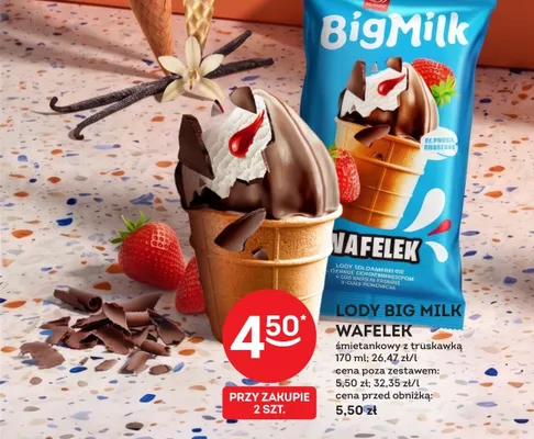 Lody Big Milk wafelek śmietankowy z truskawką promocja w Żabka
