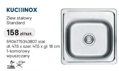 Zlew stalowy Kuchinox Standard stal 47,5x47,5x18cm 1-komorowy wpuszczany promocja w Castorama