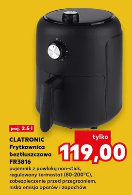 Frytkownica beztłuszczowa Clatronic FR3816 2,5l pojemnik z powłoką non-stick regulowany termostat 80-200°C zabezpieczenie przed przegrzaniem niska emisja oparów i zapachów promocja w Kaufland
