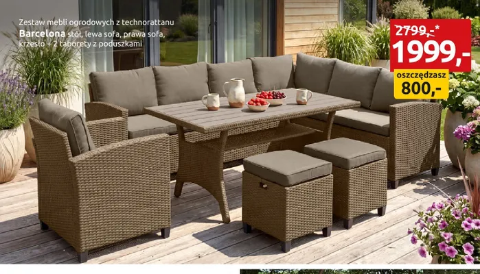 Zestaw mebli ogrodowych z technorattanu Barcelona stół, lewa sofa, prawa sofa, krzesło + 2 taborety z poduszkami promocja w Black Red White