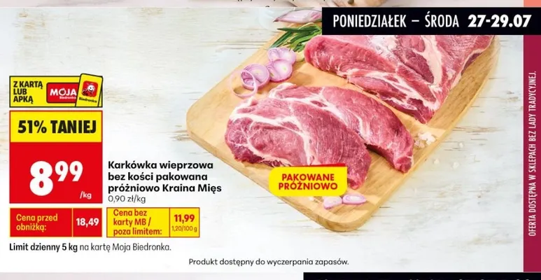 Karkówka wieprzowa bez kości pakowana próżniowo Kraina Mięs promocja w Biedronka