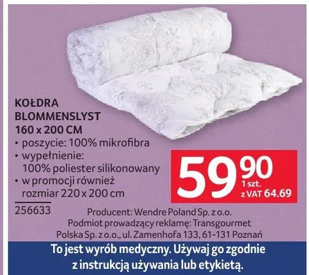 Kołdra blommenslyst 160x200 cm promocja w Selgros