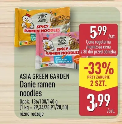 Danie ramen noodles Hot Chicken Carbonara Asia Green Garden promocja w Aldi