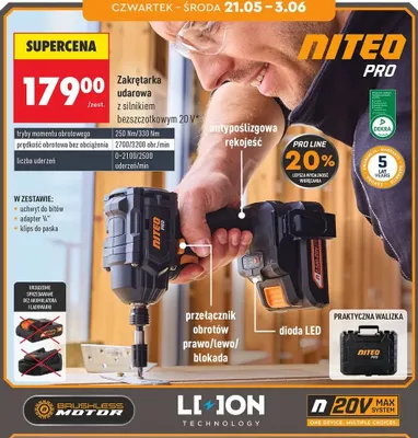 Zakrętarka udarowa z silnikiem bezszczotkowym 20V NITEO PRO promocja w Biedronka