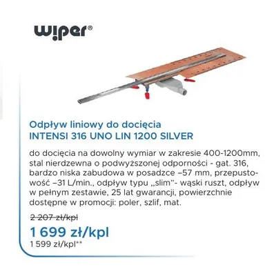 Odpływ liniowy do docięcia wiper INTENSI 316 UNO LIN 1200 SILVER promocja w Blu Salony Łazienek