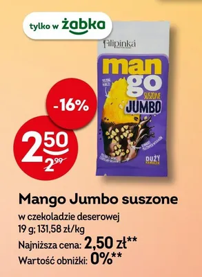 Mango Jumbo suszone w czekoladzie deserowej Filipinka promocja w Żabka