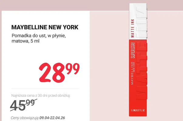Pomadka do ust w płynie, matowa, Superstay Matte Ink promocja w Rossmann