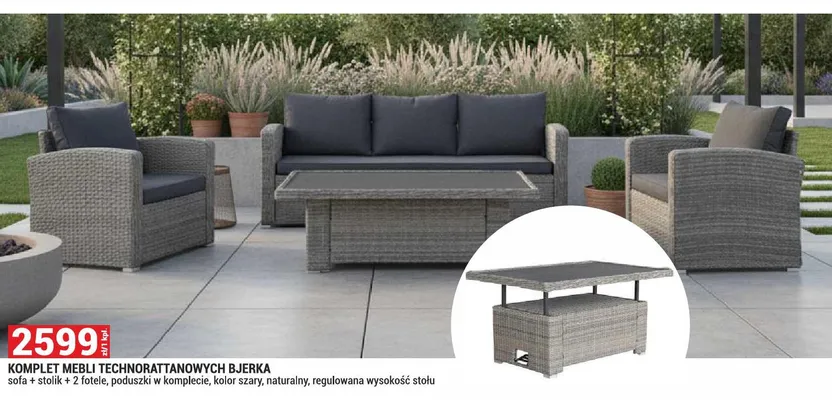 Komplet mebli technorattanowych Bjerka sofa + stolik + 2 fotele poduszki w komplecie kolor szary naturalny regulowana wysokość stołu promocja w Merkury Market