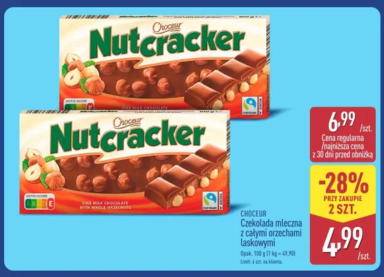Czekolada mleczna Choceur Nutcracker z całymi orzechami laskowymi promocja w Aldi