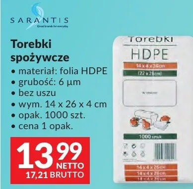 Torebki spożywcze materiał: folia HDPE grubość: 6 μm bez ucha wym. 14 x 26 x 4 cm promocja w Makro