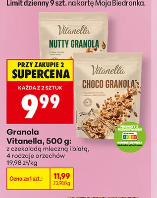 Granola Vitanella z czekoladą mleczną i białą promocja w Biedronka