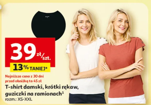 T-shirt damski krótki rękaw guziczki na ramionach promocja w Auchan