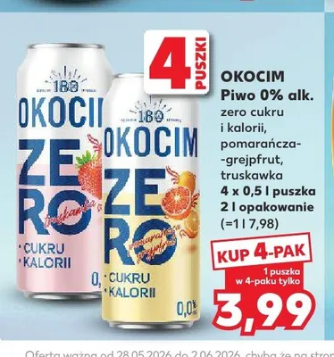 Piwo bezalkoholowe Okocim zero cukru i kalorii truskawka 0% alk. 4-pak 500ml promocja w Kaufland