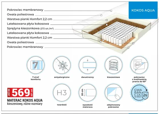 Materac Kokos Aqua kieszeniowy promocja w Merkury Market