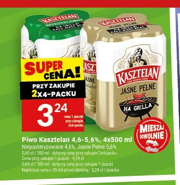 Piwo Kasztelan Niepasteryzowane 4-pak promocja w Twój Market
