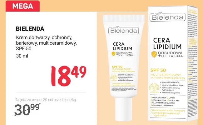Krem do twarzy Bielenda Cera Lipidium ochronny barierowy multiceramidowy SPF 50 promocja w Rossmann