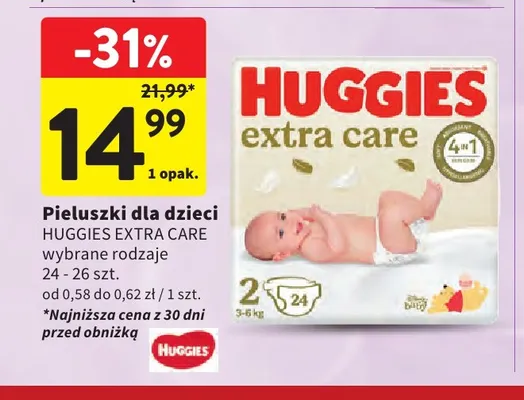Pieluszki dla dzieci Huggies Extra Care 24-26 szt. promocja w Intermarche