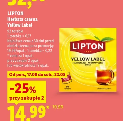 Herbata czarna Lipton Yellow Label promocja w Lidl