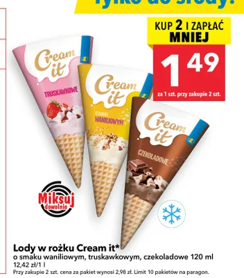 Lody w rożku Cream It truskawkowe promocja w LEWIATAN