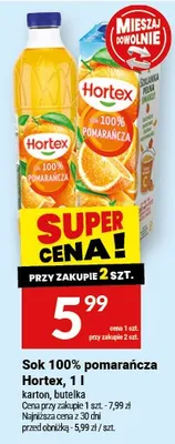 Sok 100% pomarańcza Hortex promocja w Twój Market