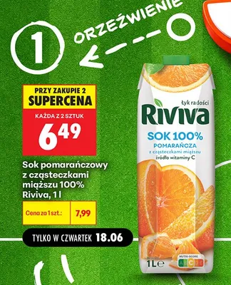 Sok pomarańczowy Riviva z cząsteczkami miąższu 100% promocja w Biedronka