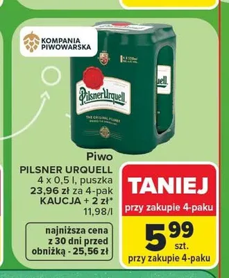 Piwo Pilsner Urquell 4-pak 500 ml promocja w Carrefour