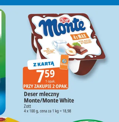 Deser mleczny Monte White Zott 4-pak promocja w Leclerc