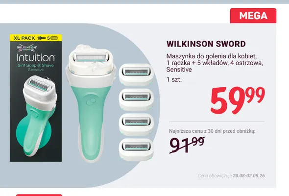 Maszynka do golenia dla kobiet Wilkinson Sword Sensitive 1 rączka + 5 wkładów 4 ostrzowa promocja w Rossmann