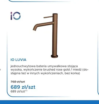Bateria umywalkowa stojąca wysoka IO Luvia brushed rose gold promocja w Blu Salony Łazienek
