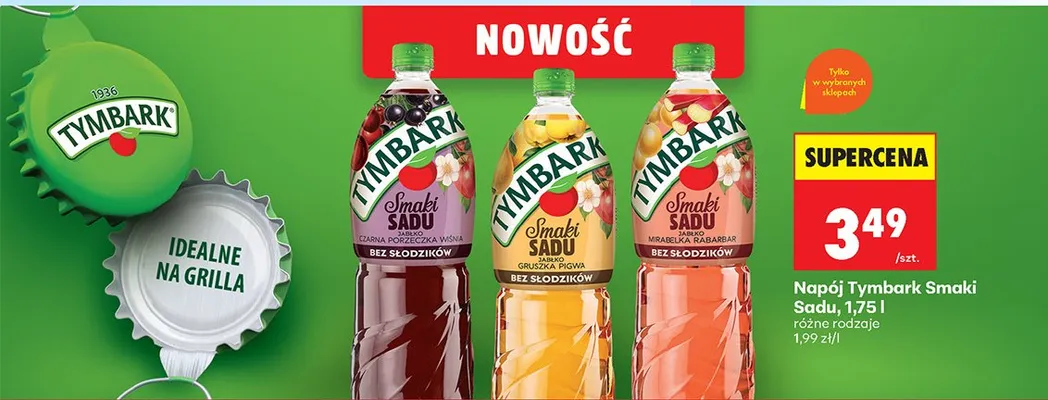 Napój Tymbark Smaki Sadu Jabłko Czarna Porzeczka Wiśnia bez słodzików promocja w Biedronka