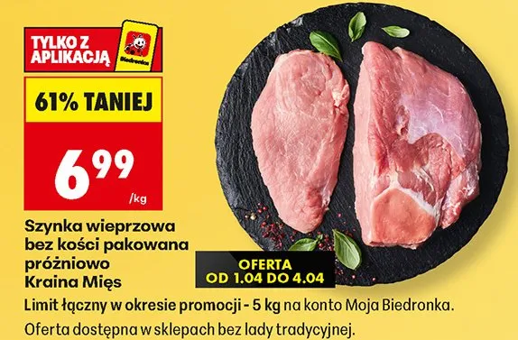 Szynka wieprzowa bez kości pakowana próżniowo Kraina Mięs promocja w Biedronka