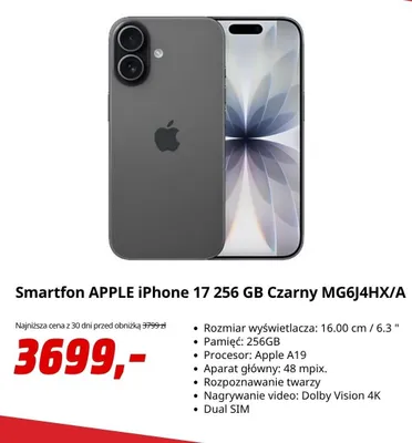 Smartfon Apple iPhone 17 256GB Czarny promocja w Media Markt