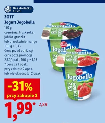 Jogurt Jogobella bez dodatku cukru czereśnia Zott promocja w Lidl