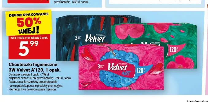 Chusteczki higieniczne 3W Velvet promocja w Twój Market