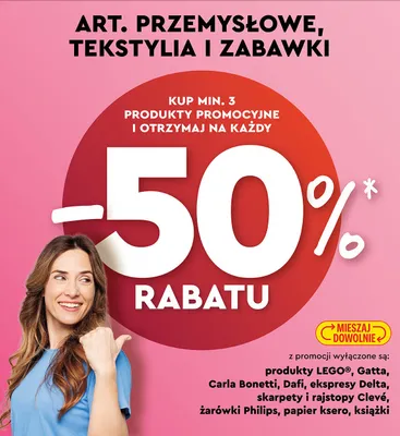 Artykuły przemysłowe, tekstylia i zabawki -50% przy zakupie 3 promocja w Biedronka