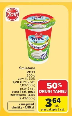 Śmietana Zott Primo 30% promocja w Carrefour