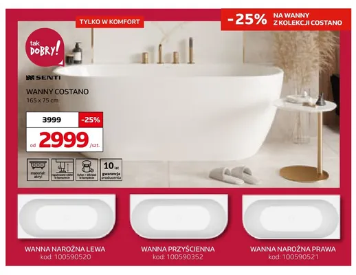 Wanna przyścienna Senti Costano promocja w Komfort