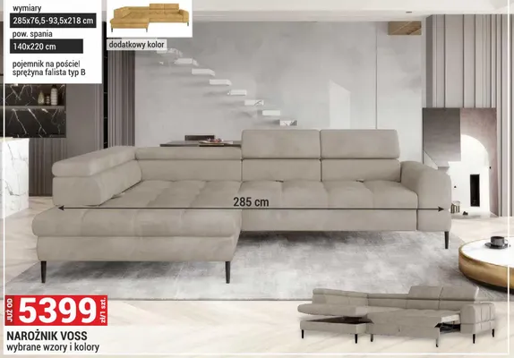 Narożnik Voss wybrane wzory i kolory 285x76,5-93,5x218cm promocja w Merkury Market