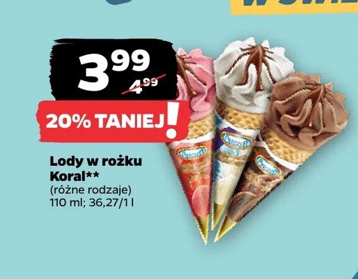 Lody w rożku Koral promocja w Netto