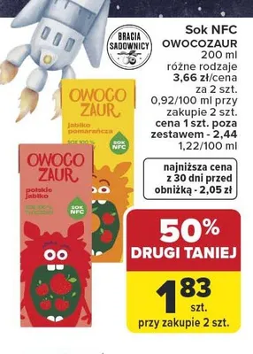 Sok NFC OWOCOZAUR Bracia Sadownicy promocja w Carrefour