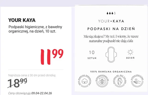 Podpaski higieniczne z bawełny organicznej na dzień promocja w Rossmann