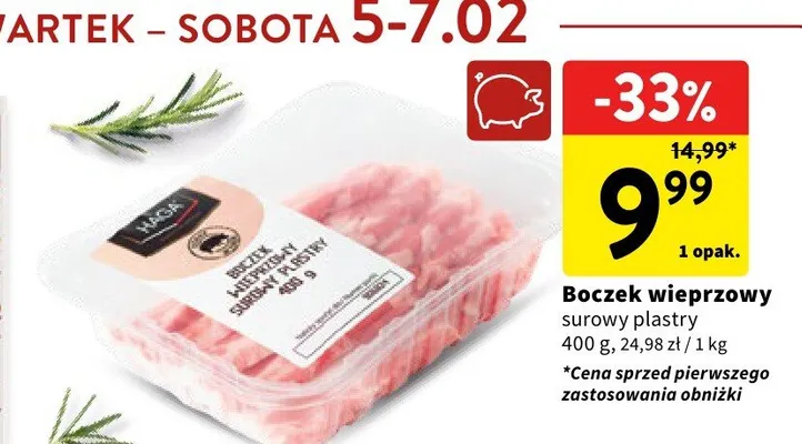 Boczek wieprzowy surowy plastry promocja w Intermarche