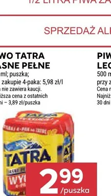 Piwo Tatra Jasne Pełne 4-pak 500 ml promocja w Stokrotka