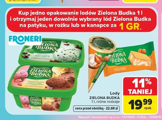 Lody Zielona Budka miętowe z płatkami czekolady promocja w Carrefour