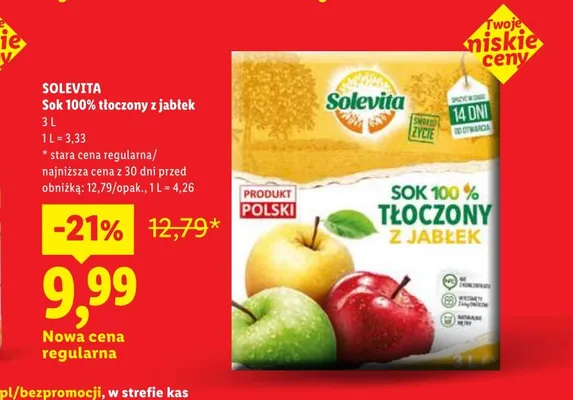 Sok 100% tłoczony z jabłek Solevita promocja w Lidl