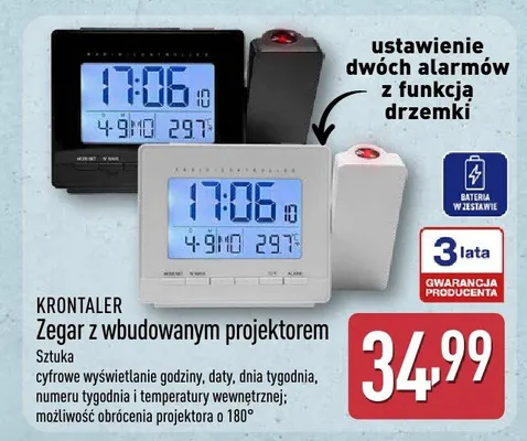 Zegar z wbudowanym projektorem KRONTALER promocja w Aldi