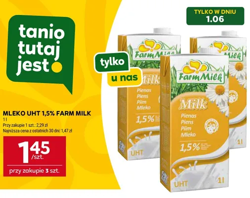 Mleko UHT 1,5% Farm Milk promocja w Stokrotka