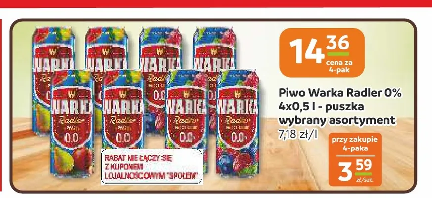 Piwo bezalkoholowe Warka Radler 4-pak promocja w Społem Częstochowa